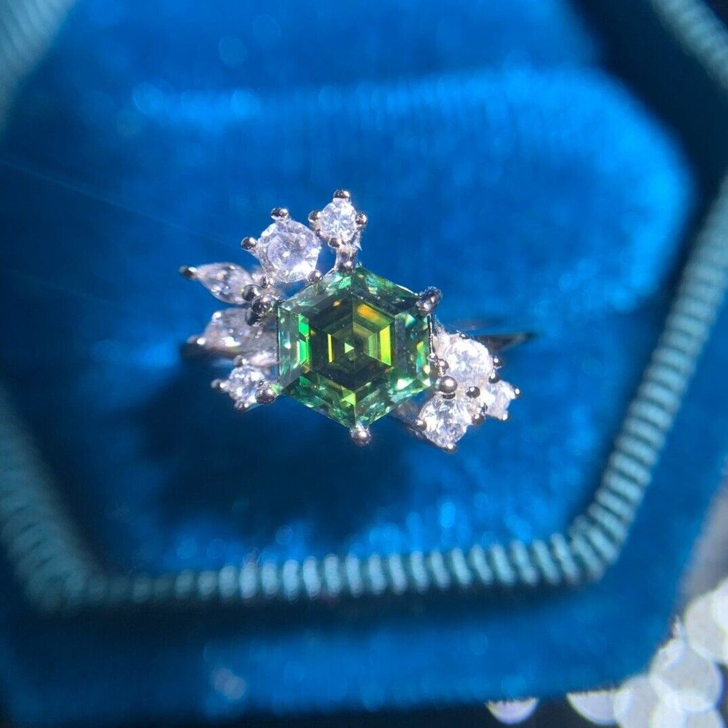 1 CT Hexagon Cut Green Moissanite Ring, Hexagon Green Moissanite 925 Sterling