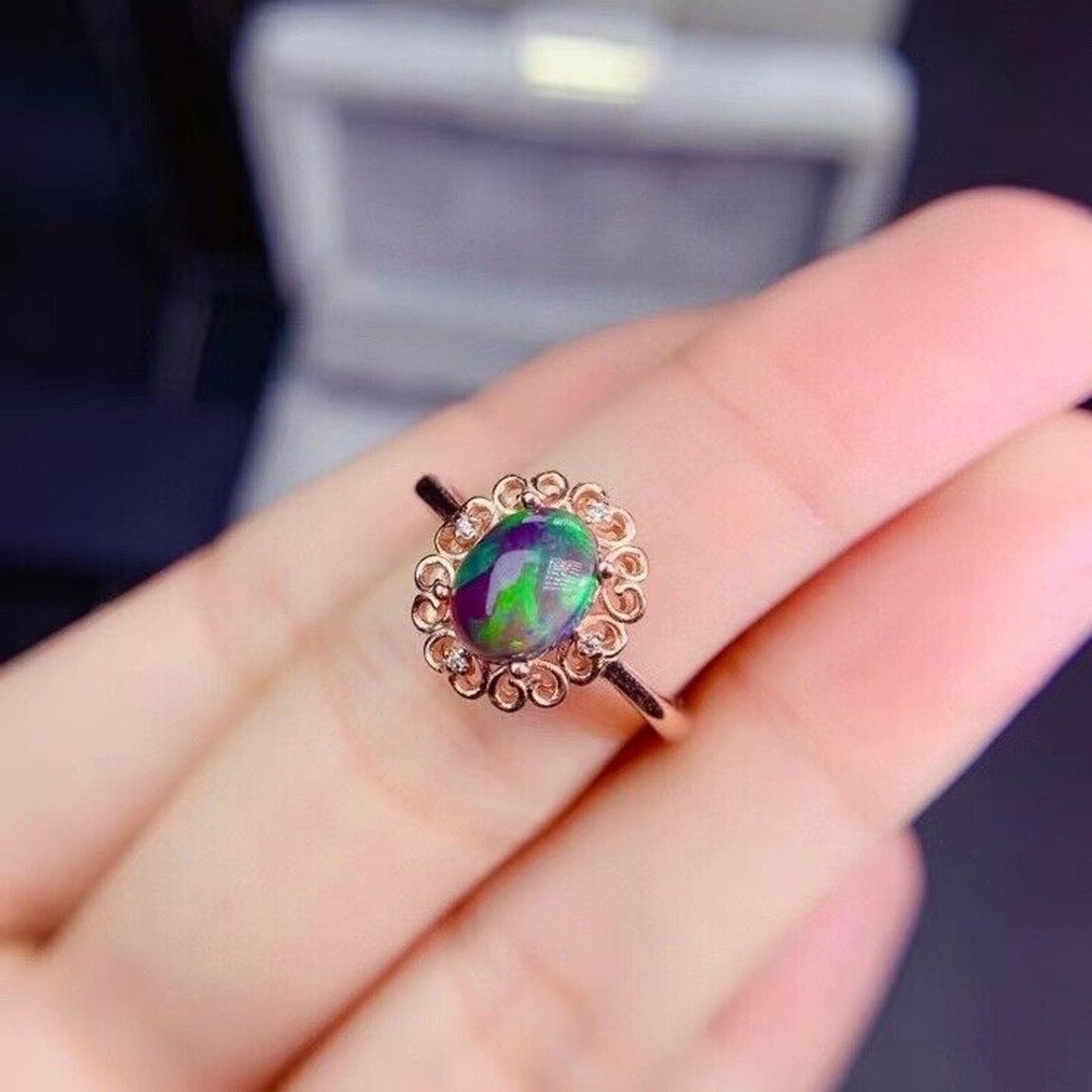 Dainty Black Opal Flower Ring 6x8mm Rose Gold