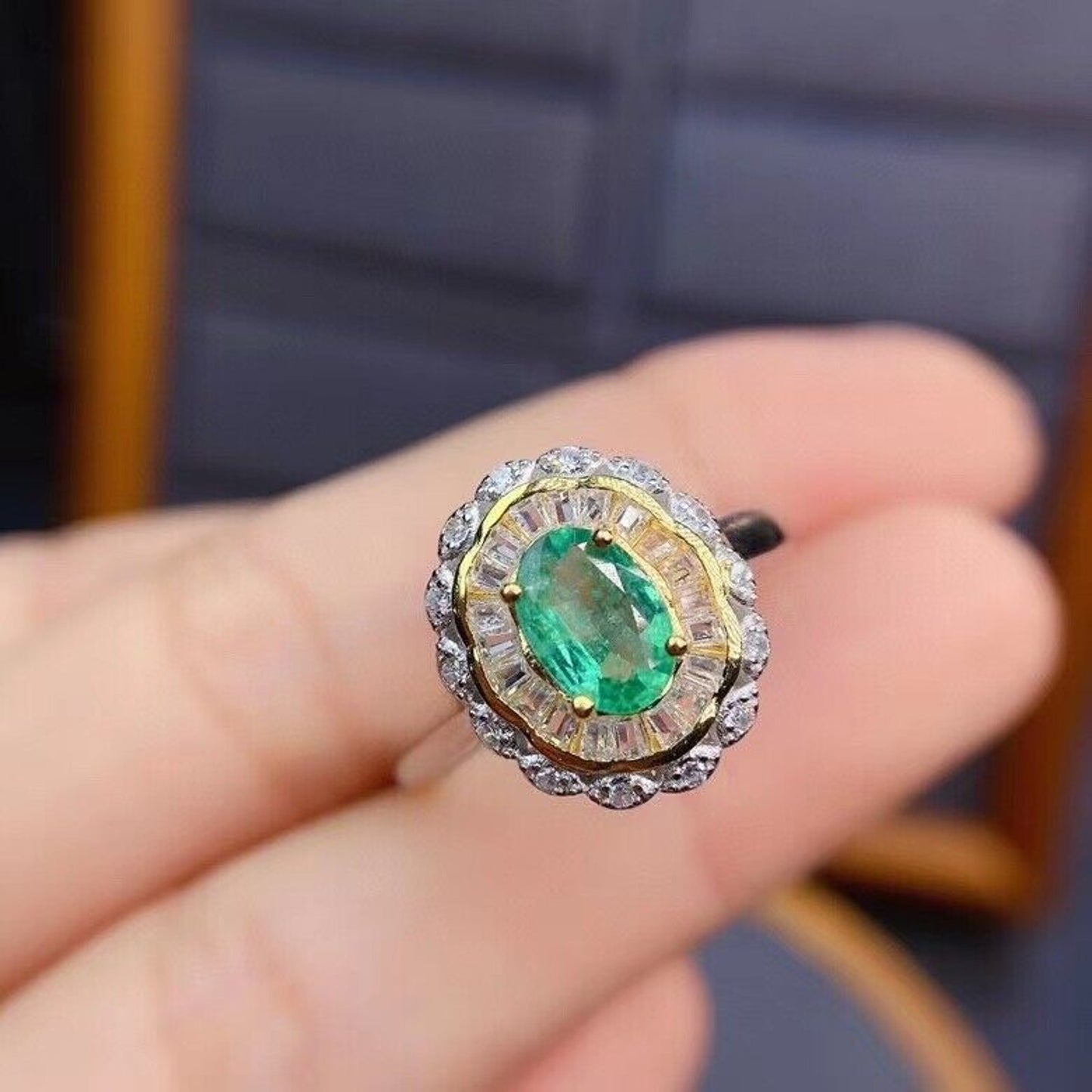 Colombian Emerald Two Tone Cocktail Ring 5x7mm