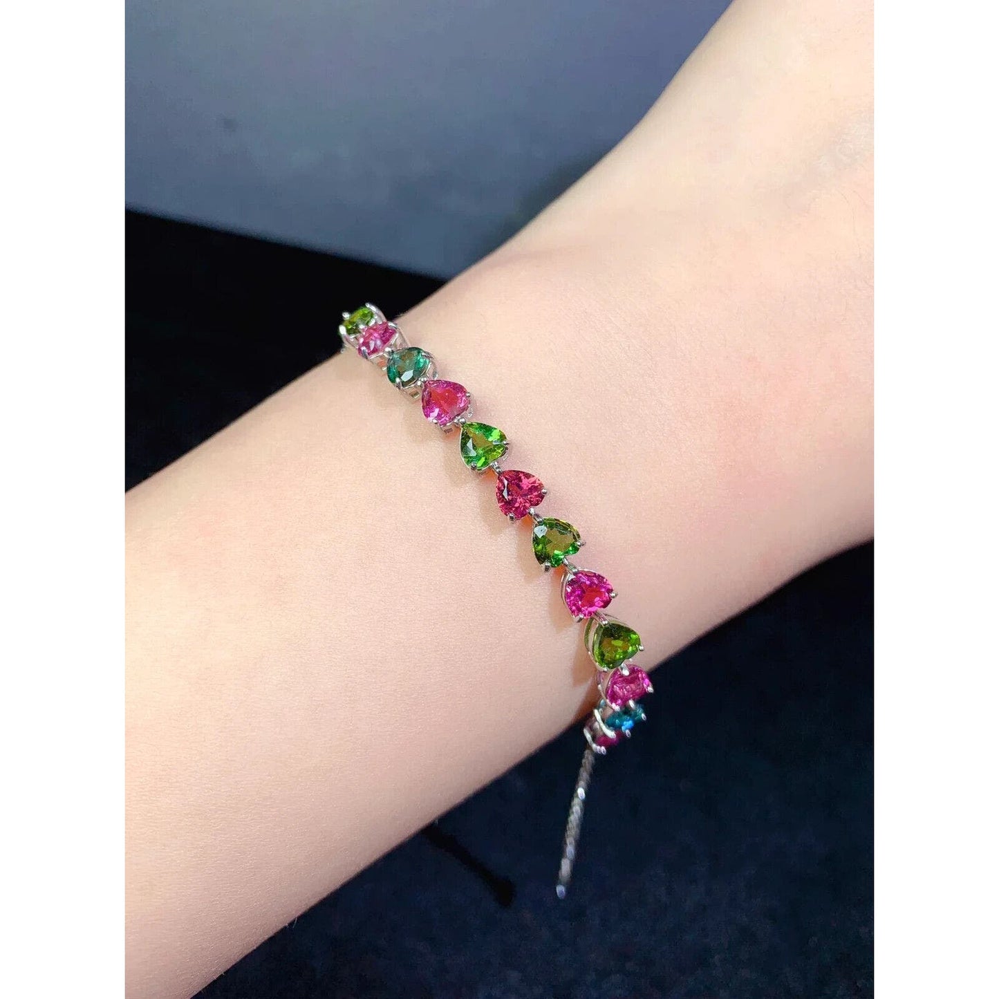 Brazilian Tourmaline Heart Shaped Tennis Bracelet, Women's Tourmaline Bracelets