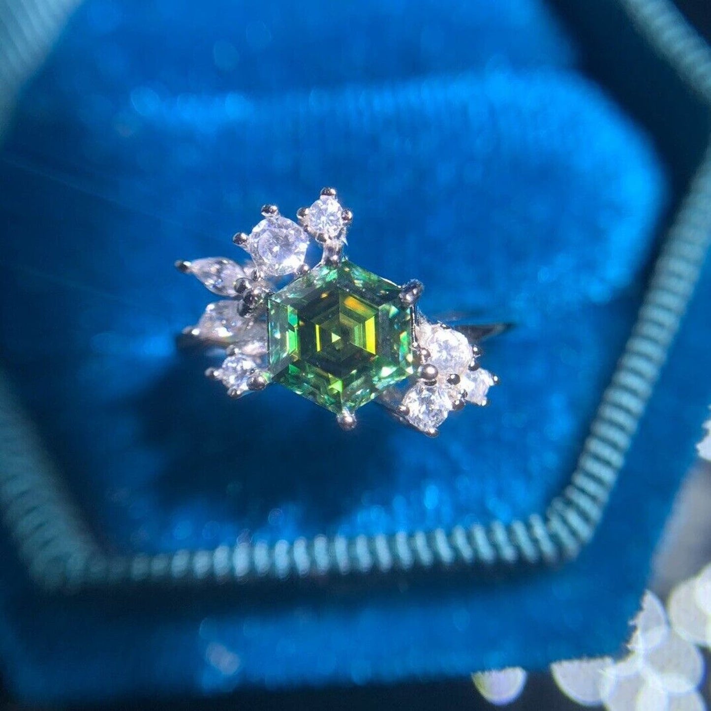 1 CT Hexagon Cut Green Moissanite Ring, Hexagon Green Moissanite 925 Sterling