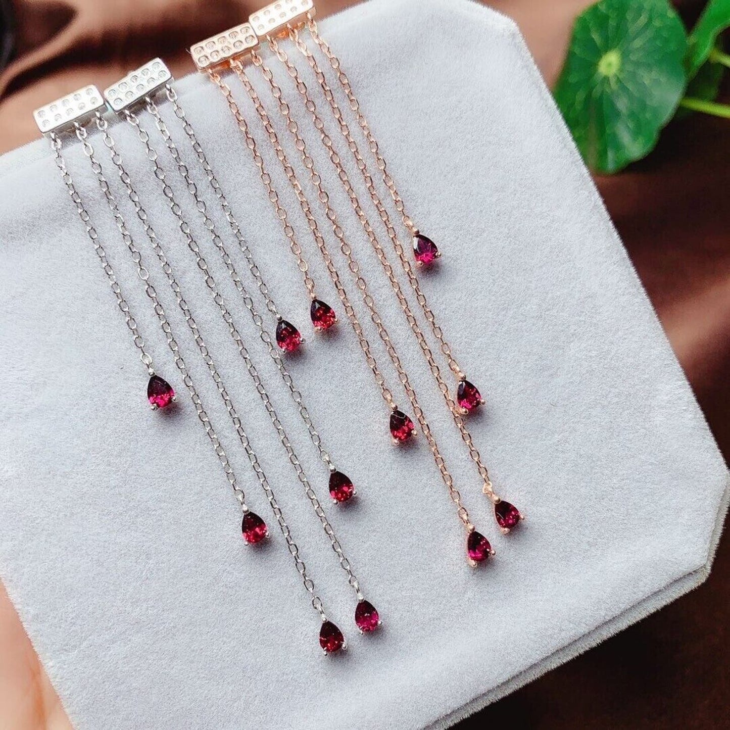 Dainty Red Garnet Long Dangle Earrings 3x4mm Sterling Silver