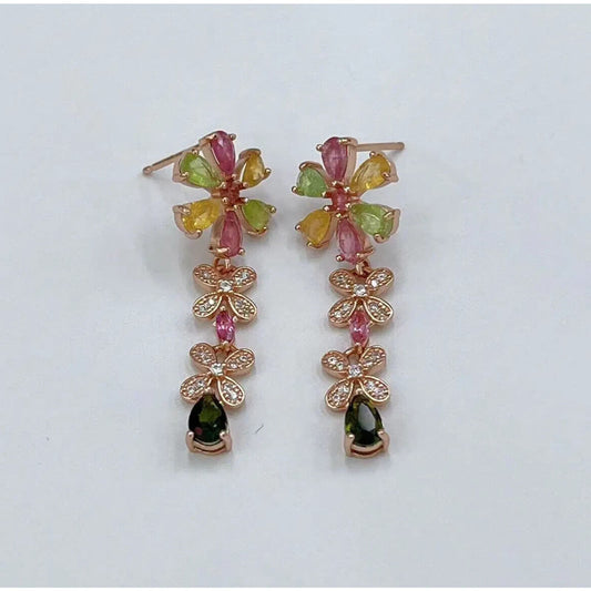 Colorful Tourmaline Long Dangle Flower Earrings Rose Gold