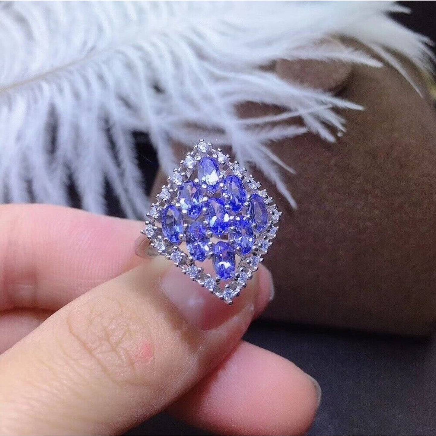 Tanzanite Diamond Shape Statement Ring VVS1 Platinum Plated