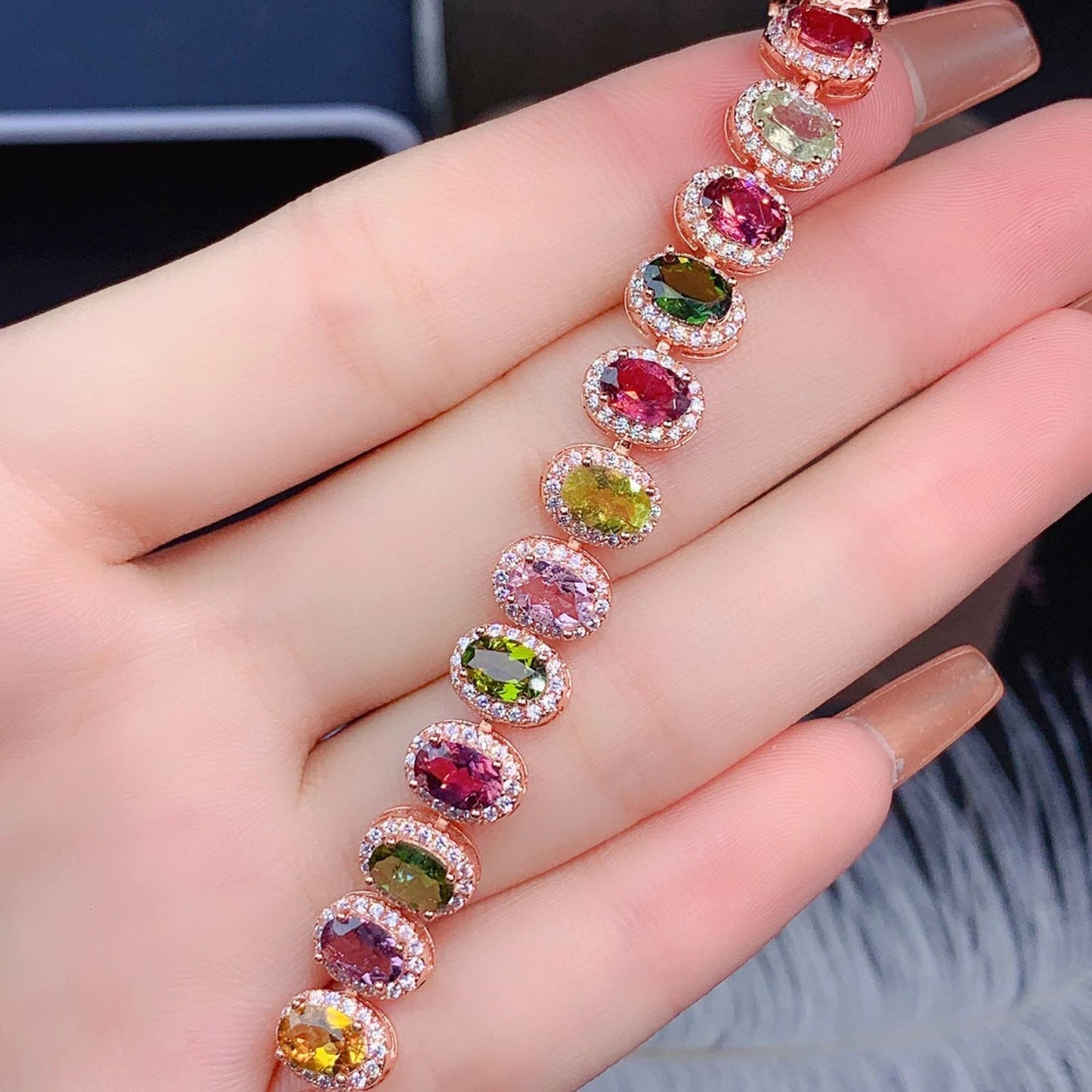 Watermelon Tourmaline 925 Sterling Silver Bracelet, Natural Tourmaline Bracelet