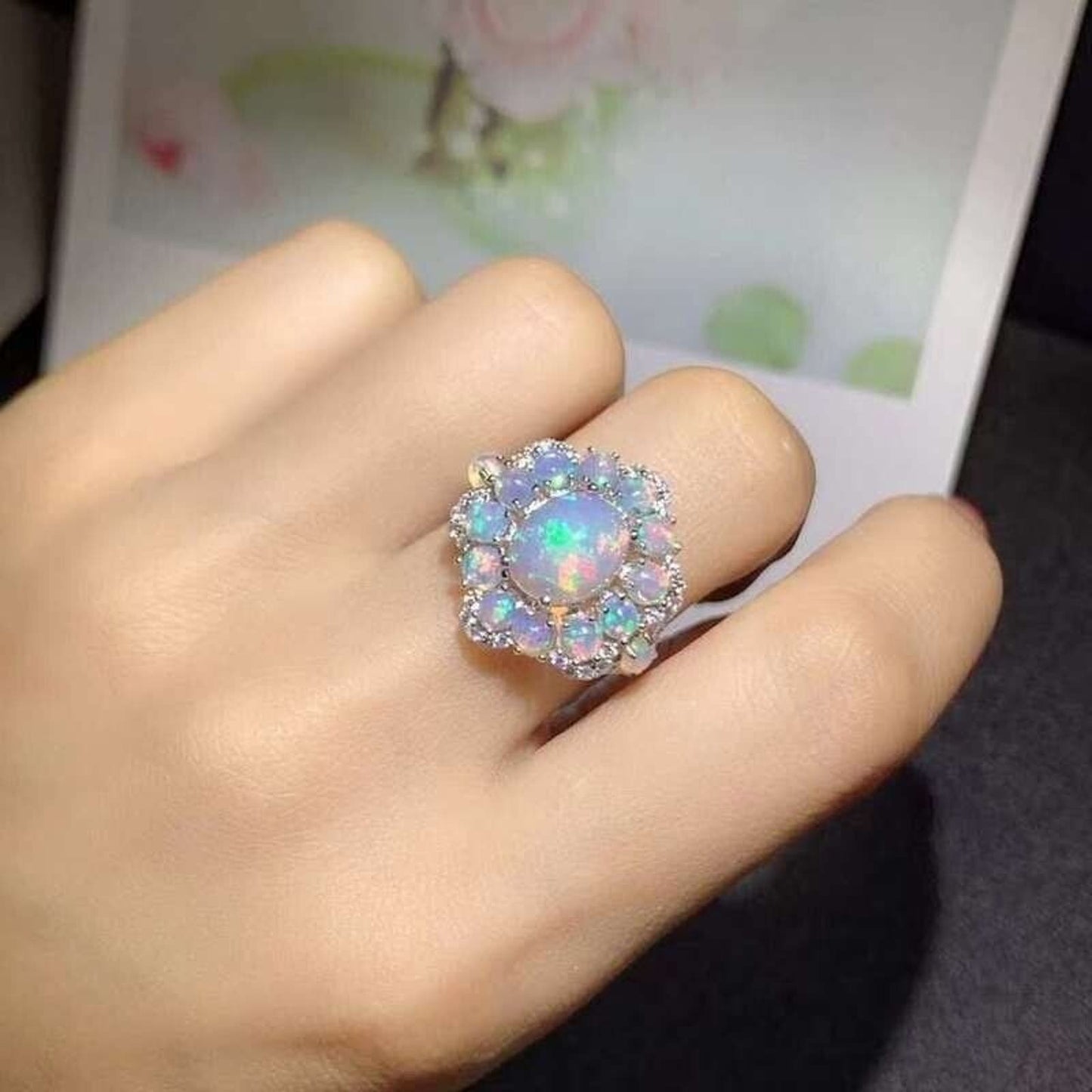 Fire Opal Flower Cluster Statement Ring 925 Sterling Silver