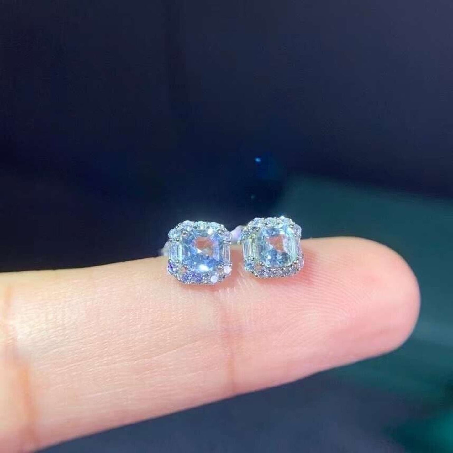 Natural Aquamarine Stud Earrings 4mm Platinum Plated