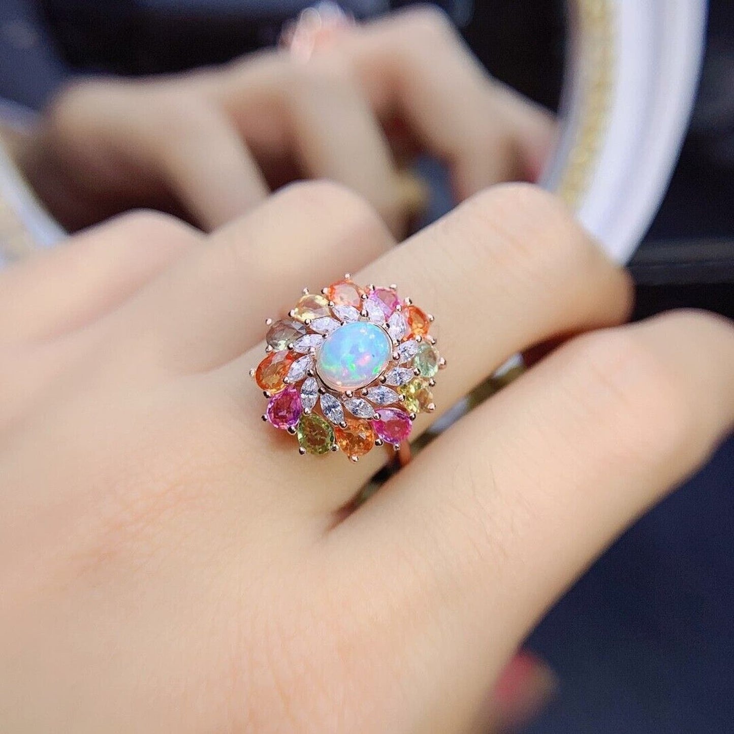 White Fire Opal and Multicolor Tourmaline Gemstone Ring 6x8mm