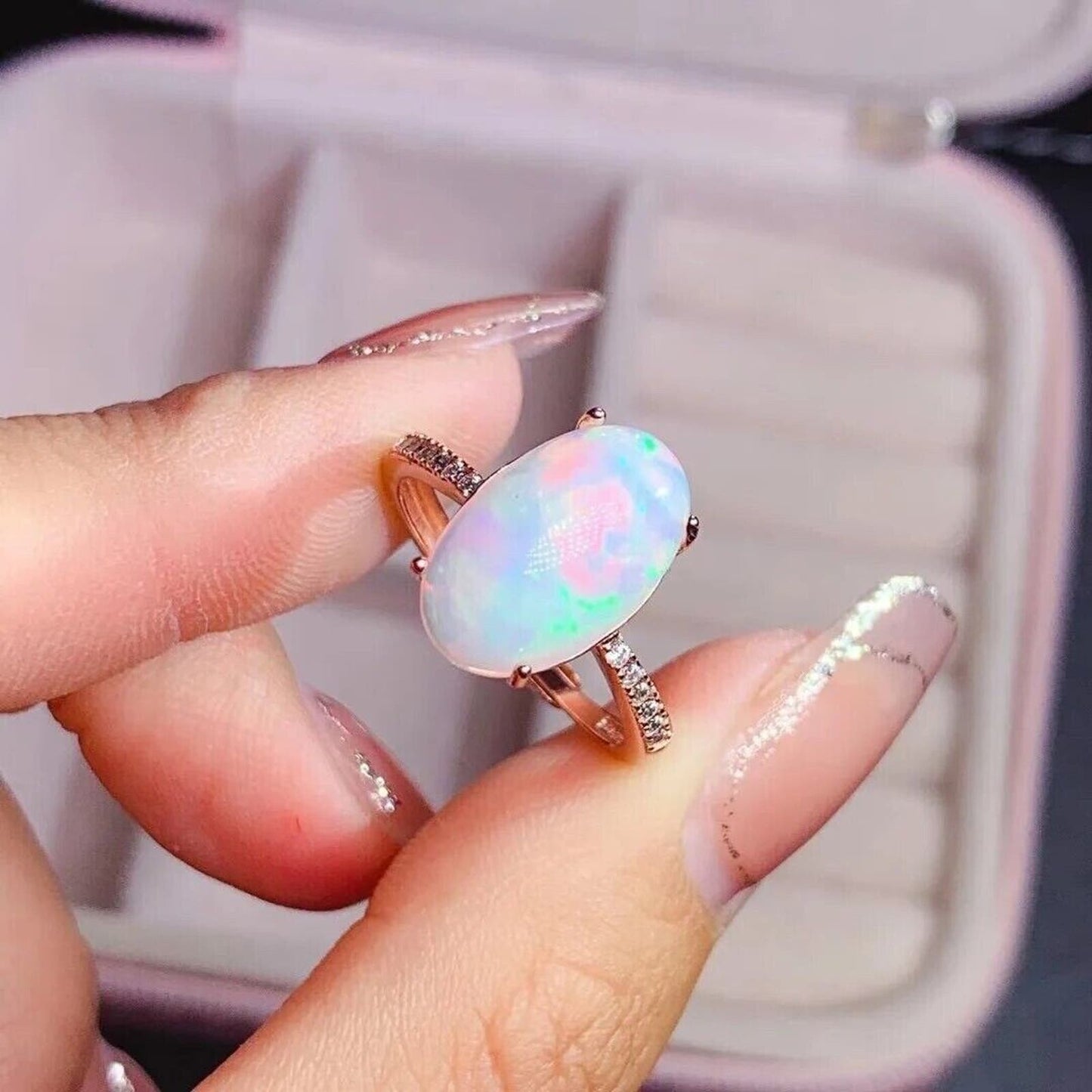 White Fire Opal Statement Ring 9x13mm