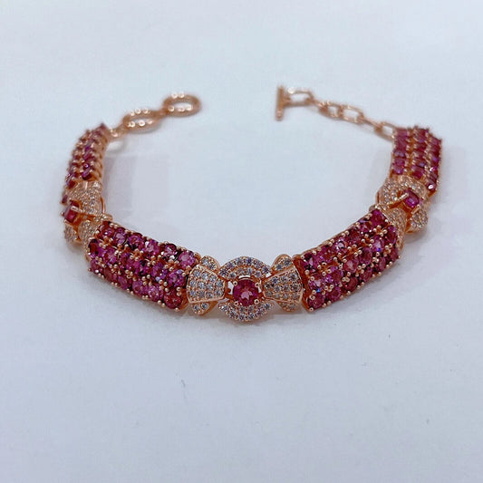 Pink Garnet Candy Themed Wide Tennis Bracelet Rose Gold