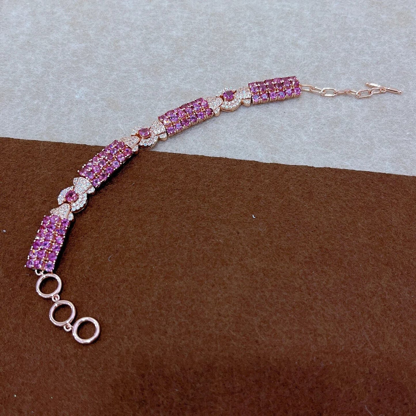 Pink Garnet Candy Themed Wide Tennis Bracelet Rose Gold