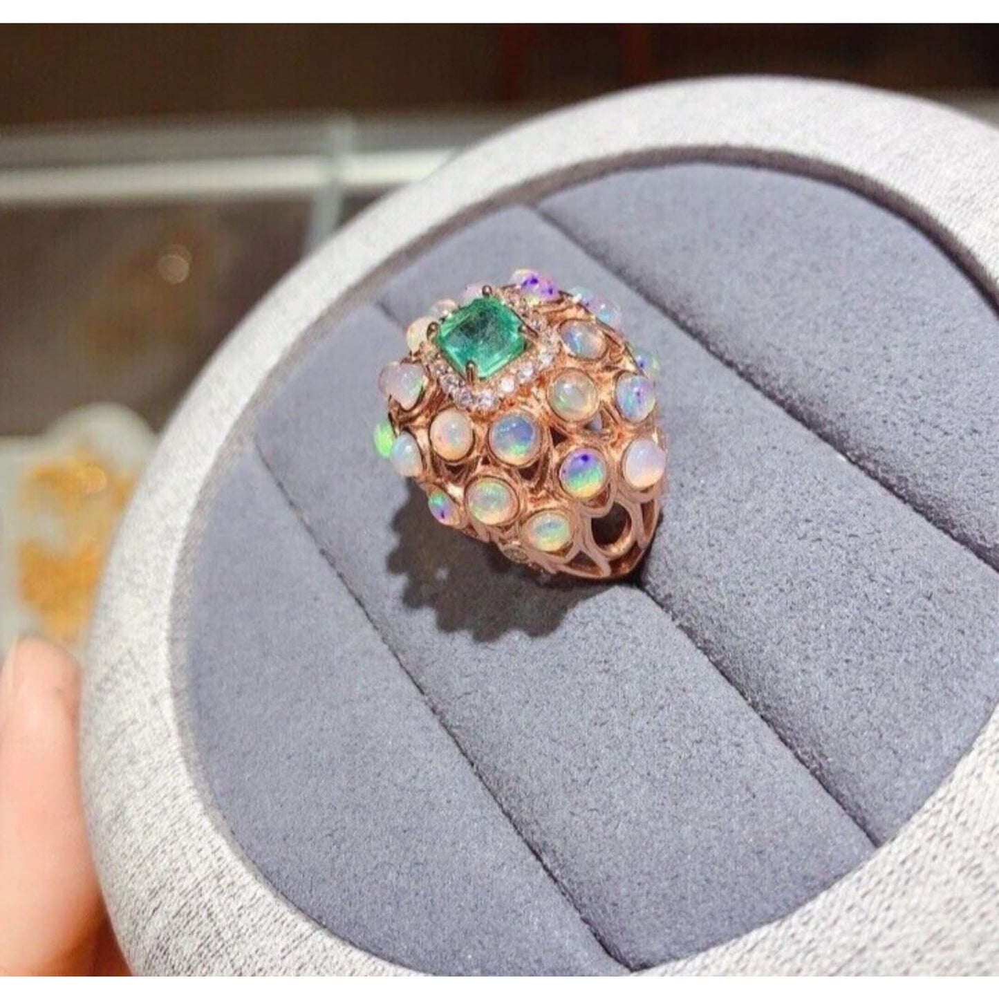 Fire Opal and Colombian Emerald Gemstone Statement Ring