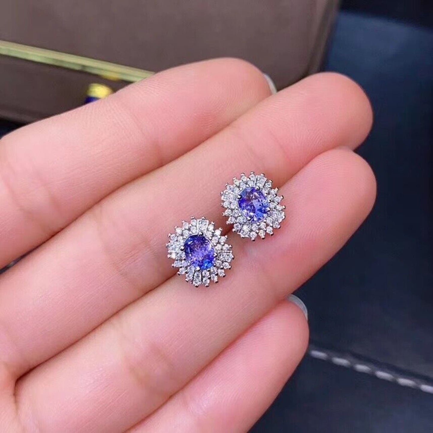 Purple Tanzanite Cluster Stud Earrings 4x5mm Platinum Plated