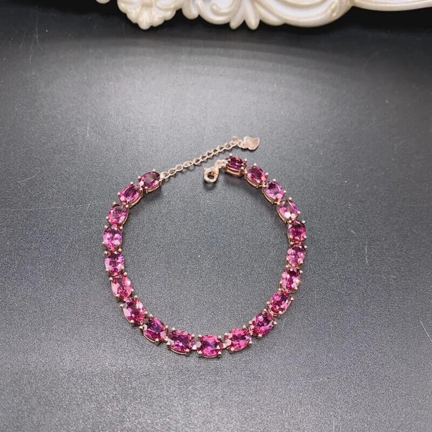 Pink Garnet Tennis Bracelet 4x6mm Platinum Plated