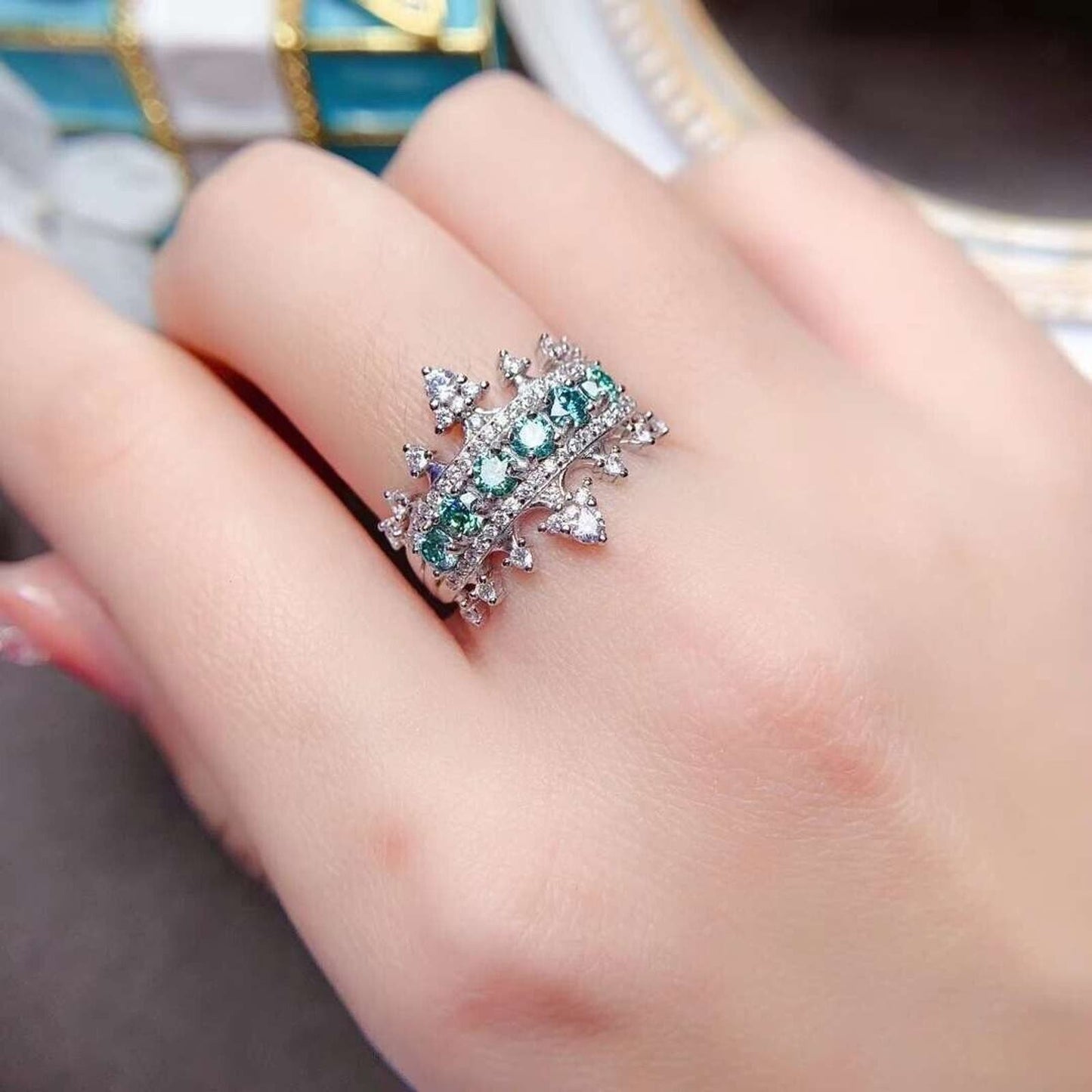 Princess Statement Ring Green Moissanite Crown Ring 3mm