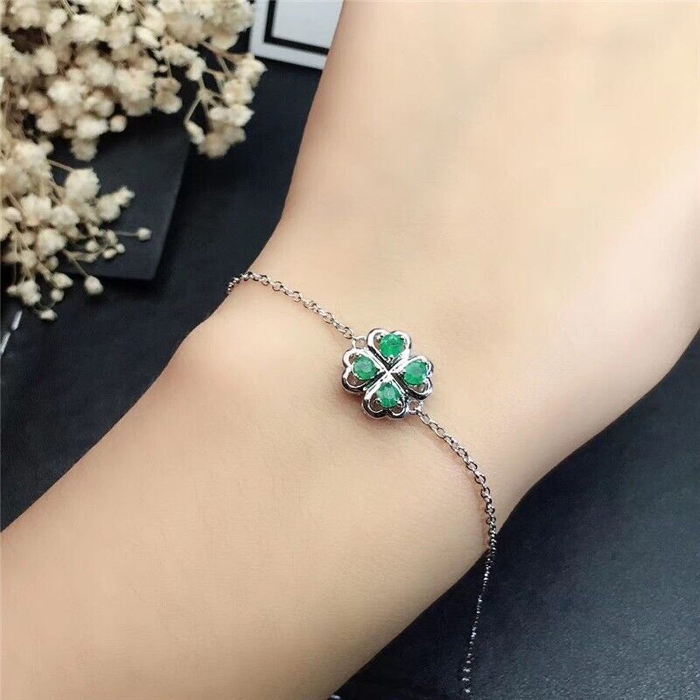 Natural Emerald 4 Leaf Clover Chain Bracelet 3mm