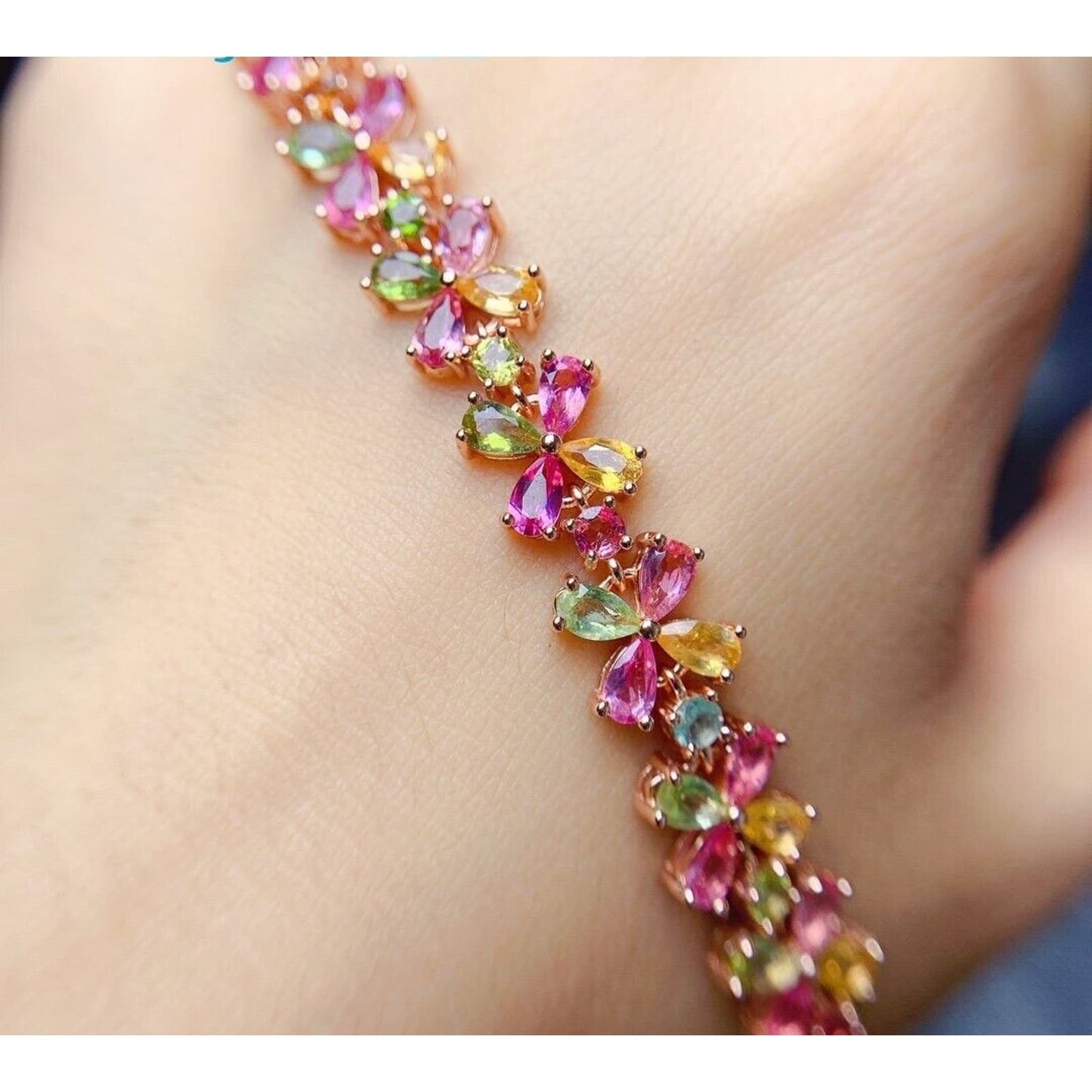 Natural Tourmaline Flower Bracelet 925 Sterling Silver