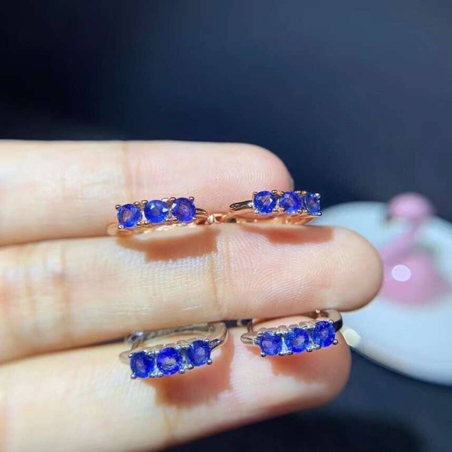 Dainty Sapphire Hoop Earrings - Bright Blue Sri Lanka Sapphire Hoop Earrings 925 Sterling Silver