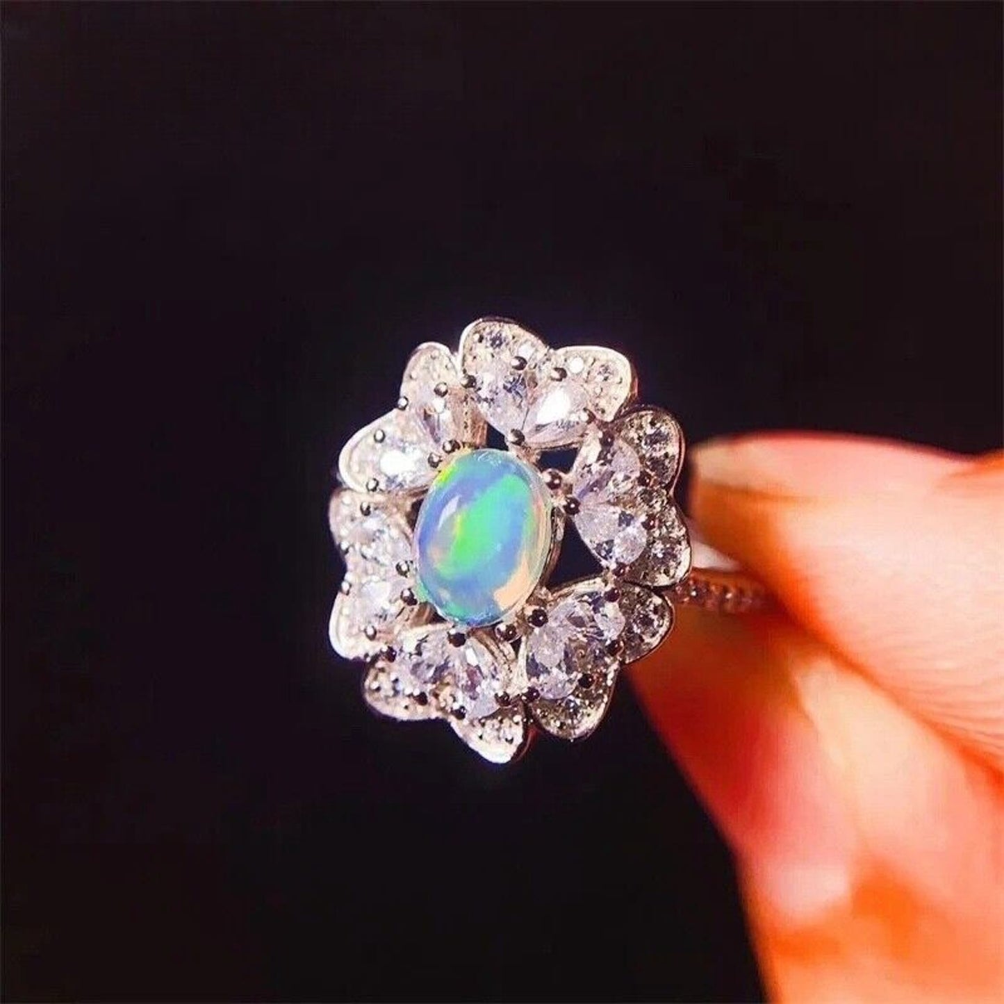 White Fire Opal Cluster Statement Ring 5x7mm