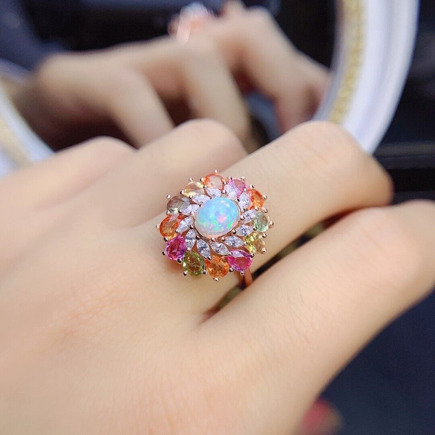 White Fire Opal and Multicolor Tourmaline Gemstone Ring 6x8mm