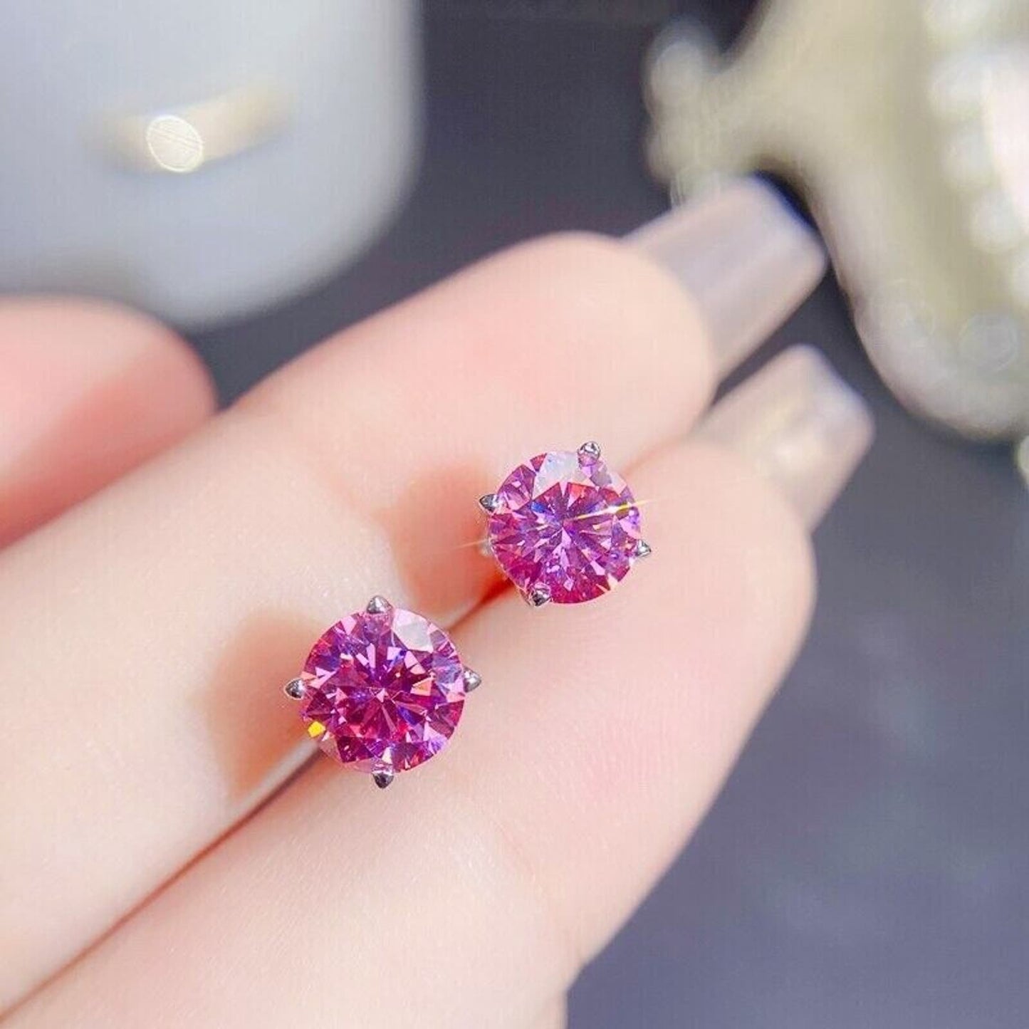 Pink Moissanite Stud Earrings, Women's VVS1 1 Carat Pink Moissanite Earrings