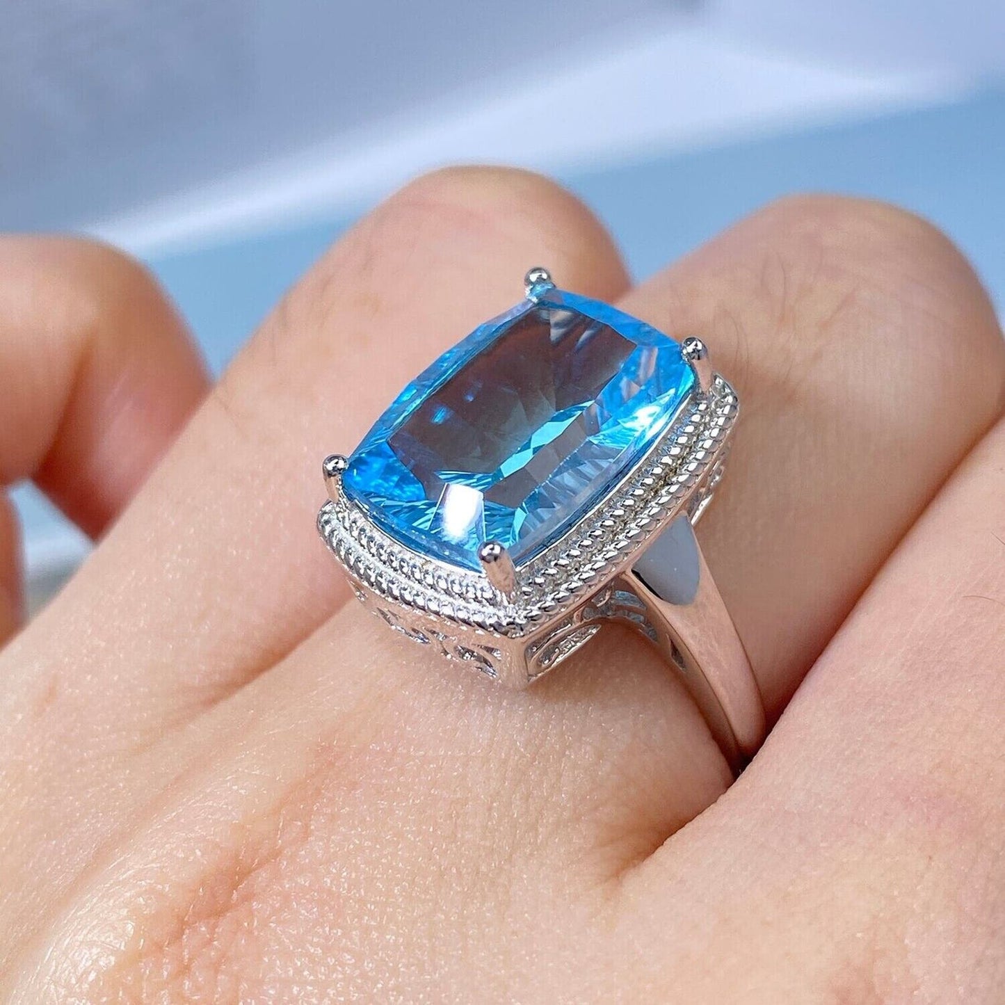 Blue Topaz Cocktail Ring 10x14mm 8 Carat Sterling Silver