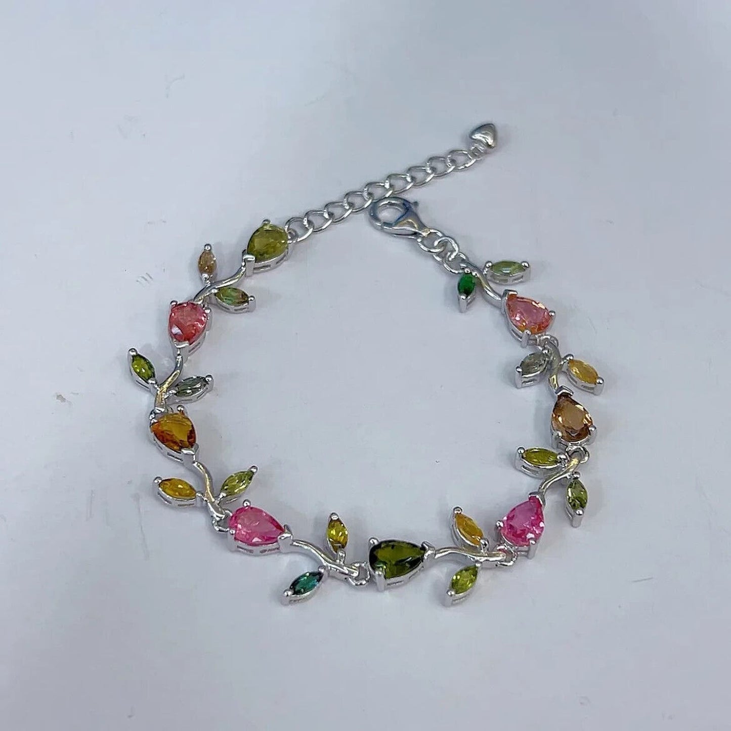 Tourmaline Gemstone Leaf Tennis Bracelet Sterling Silver