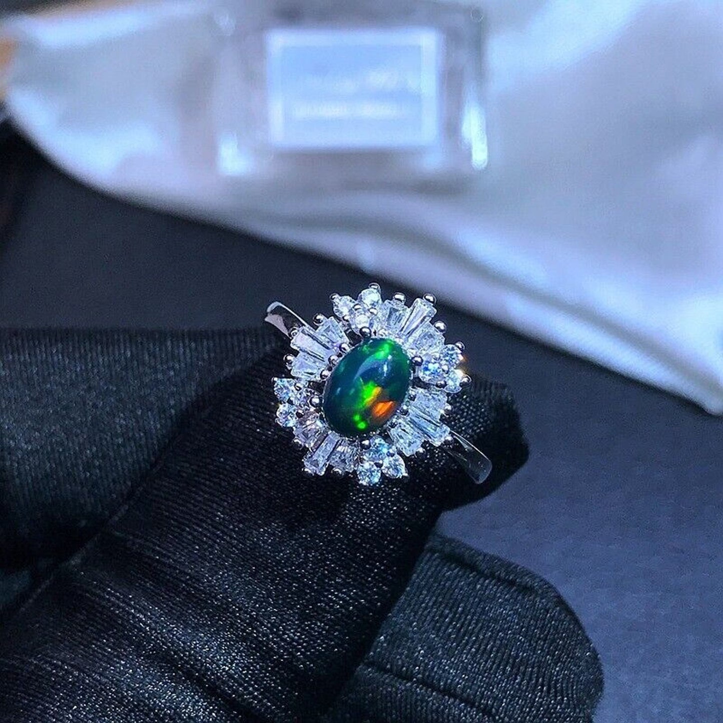 Black Opal Cluster Ring 5x7mm Sterling Silver