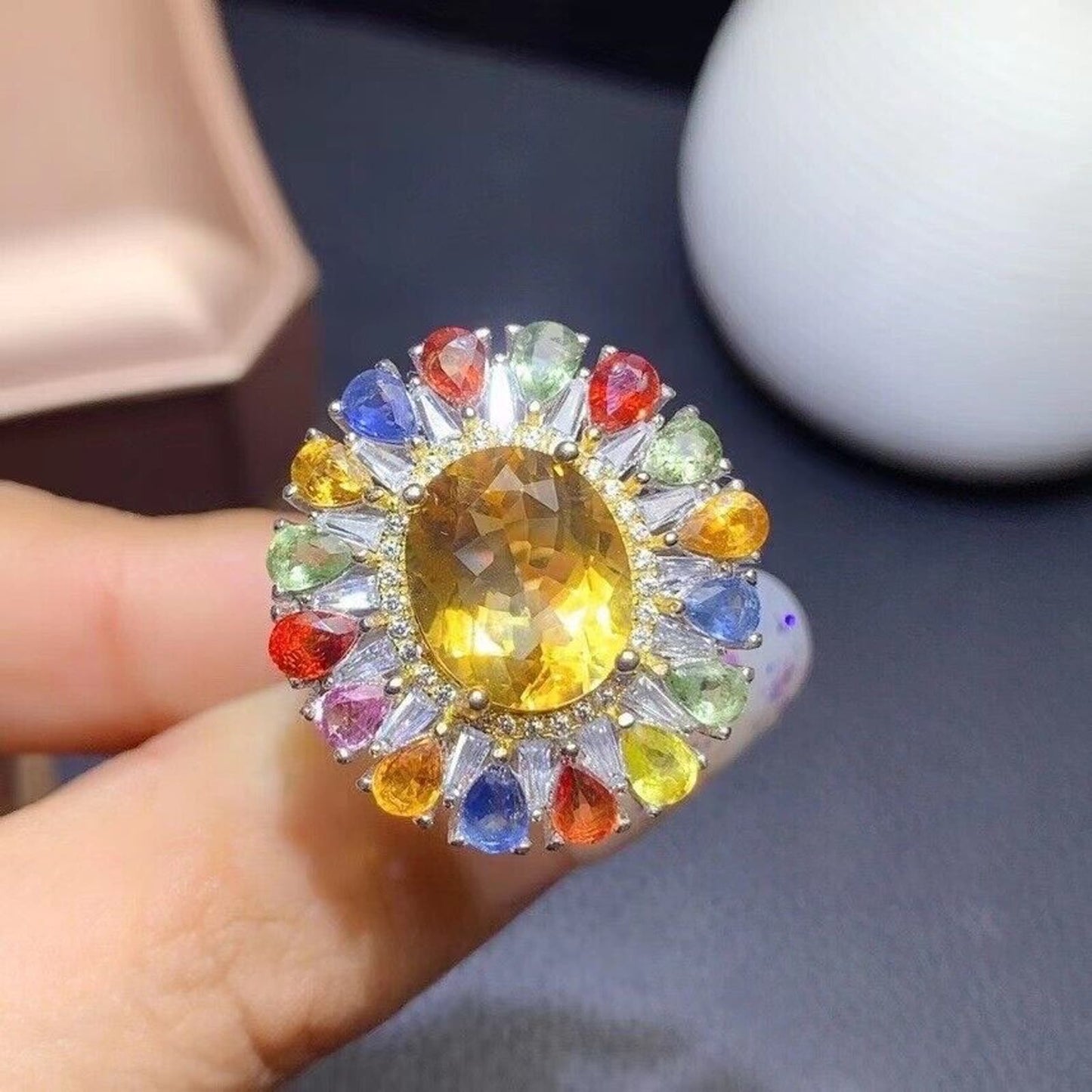 Natural Citrine and Sapphire Gemstone Ring, Colorful Citrine and Sapphire Ring