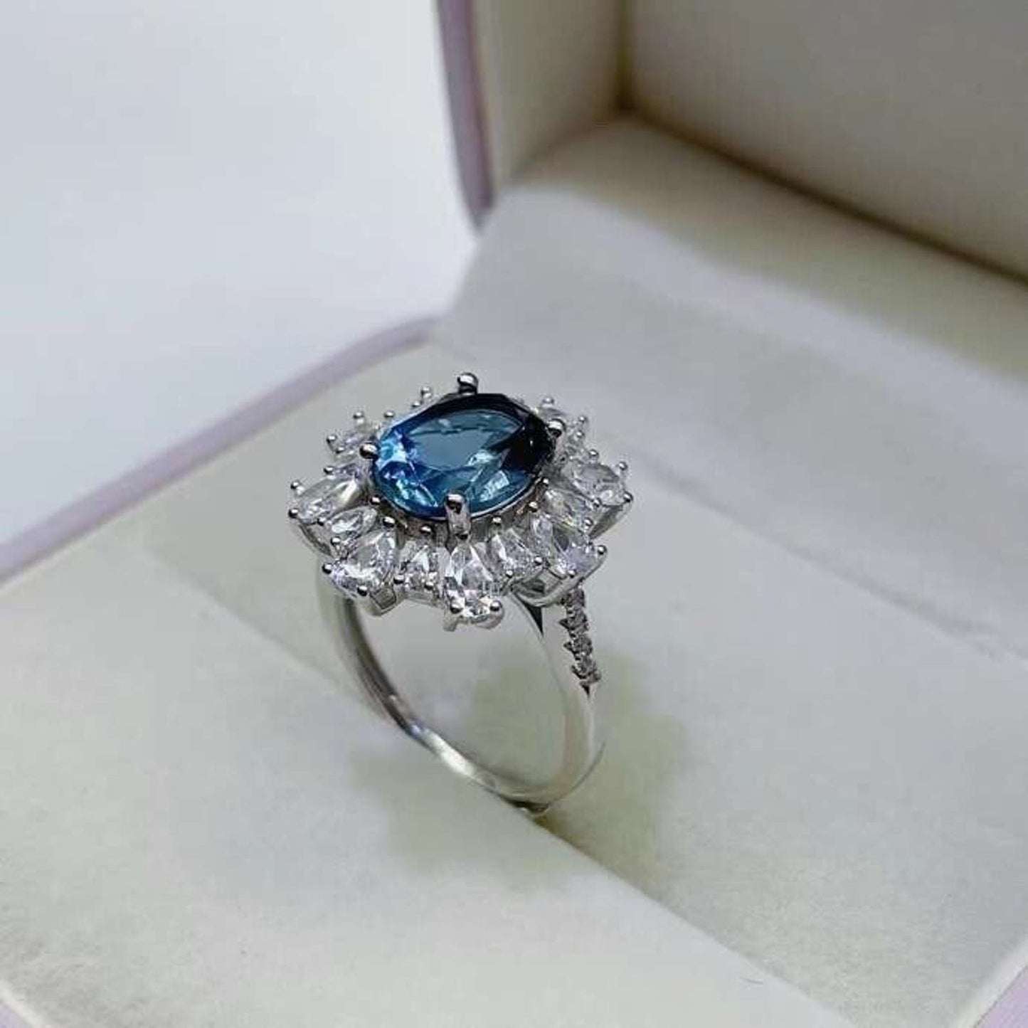 London Blue Topaz Cluster Statement Ring 8x10mm Sterling Silver