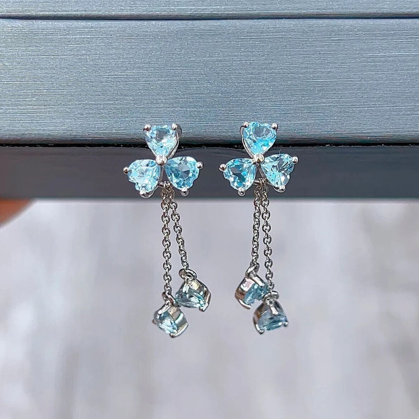 Sky Blue Topaz Clover Dangle Earrings 4mm