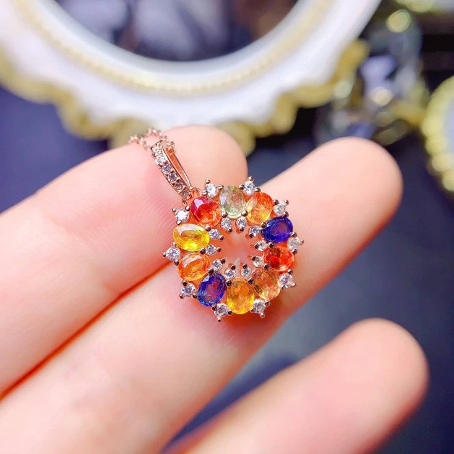 Colorful Sapphire Clavicle Necklace Pendant, 3x4mm Genuine Sapphire Pendant