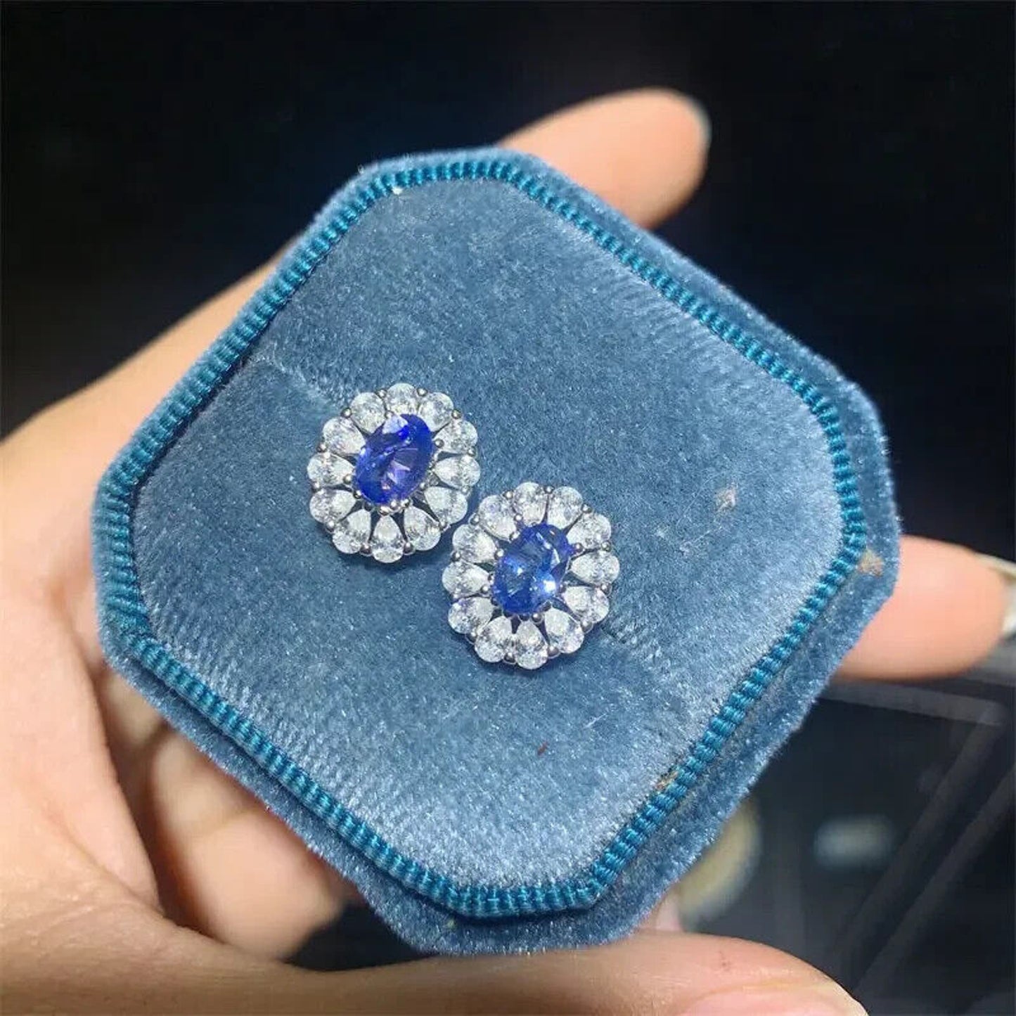 Tanzanite Cluster Stud Earrings 4x6mm Platinum Plated