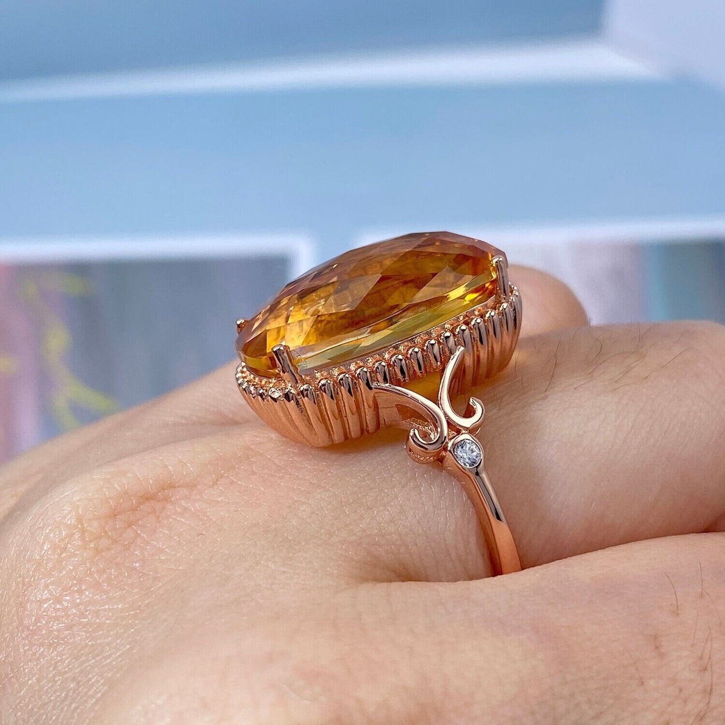 Large Citrine Gemstone Statement Ring 11.7 Carats Rose Gold