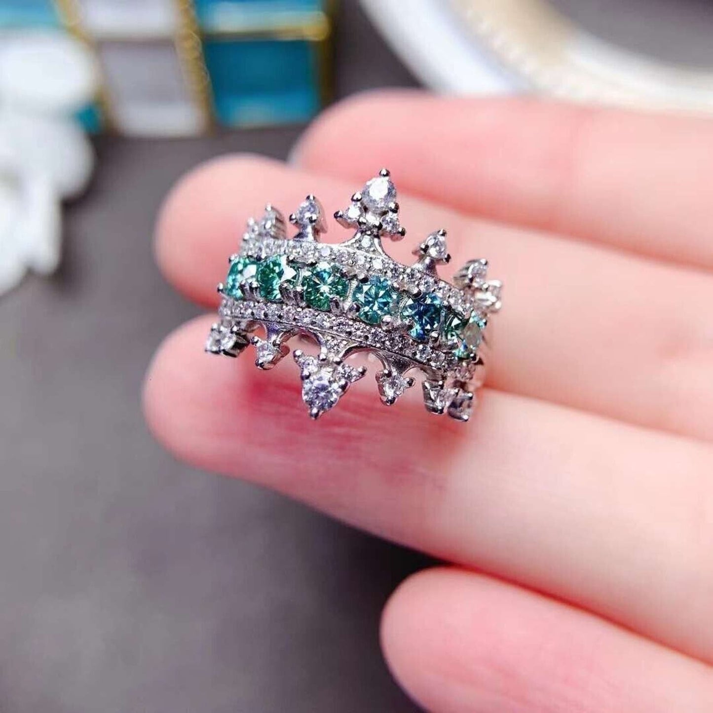 Princess Statement Ring Green Moissanite Crown Ring 3mm