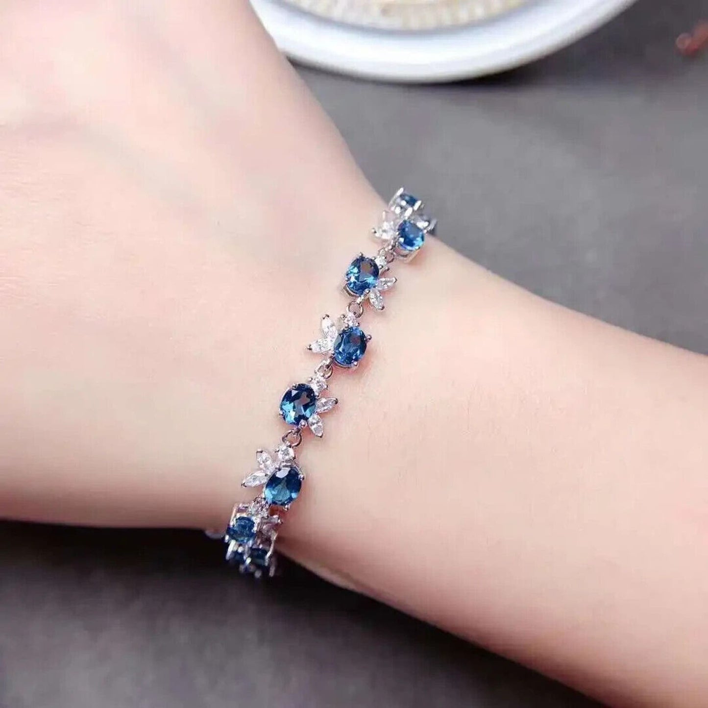 Dainty London Blue Topaz Flower Tennis Bracelet 4x5mm