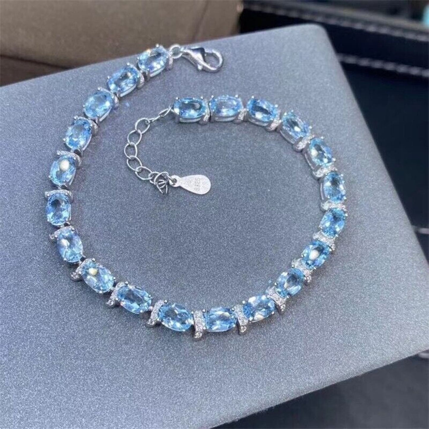 Natural Aquamarine Tennis Bracelet 4x6mm Sterling Silver