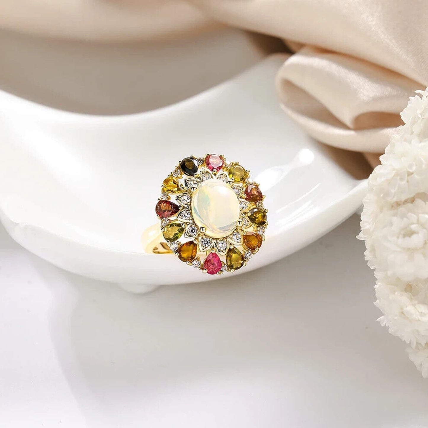 Fire Opal and Tourmaline Gemstone Statement Ring