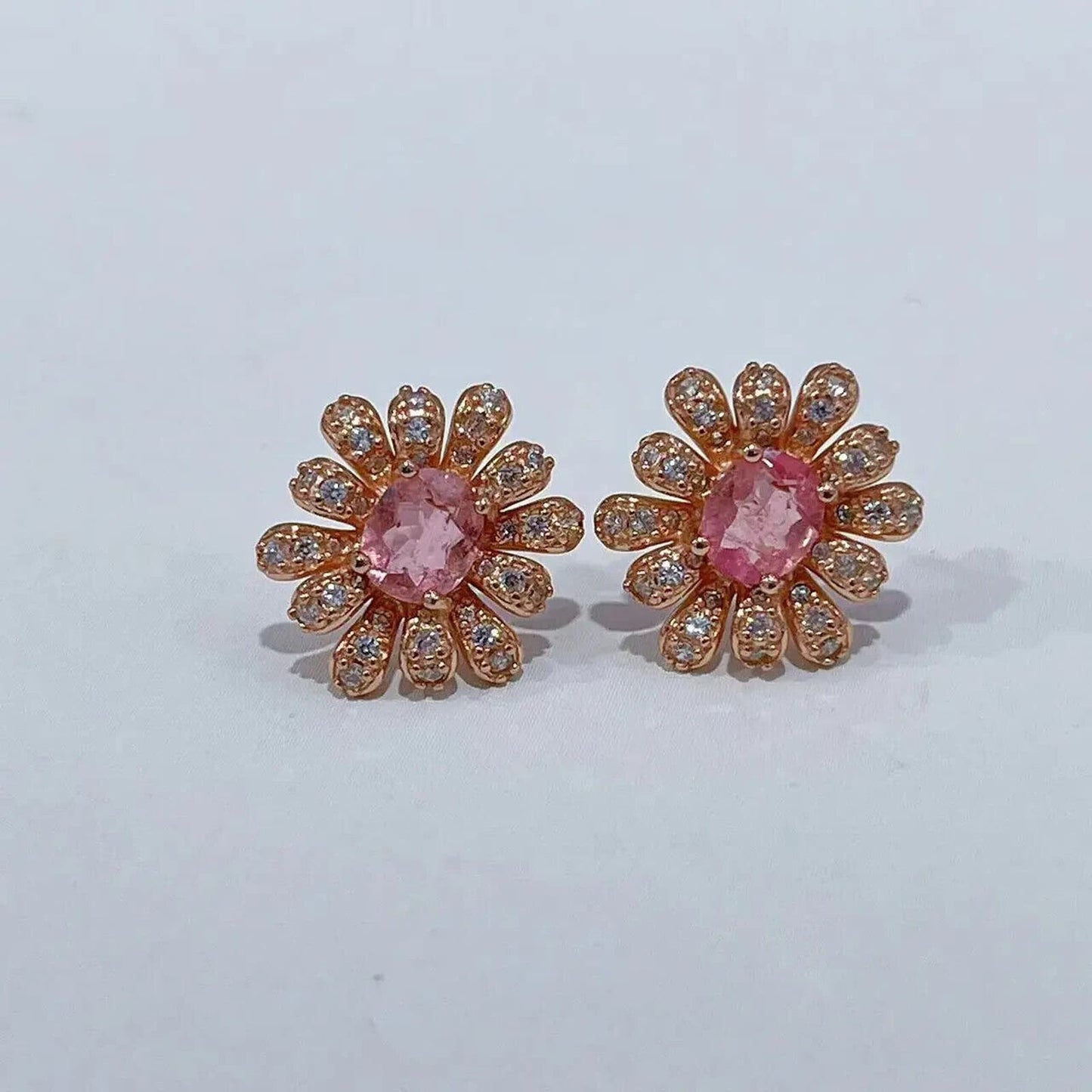 Natural Pink Tourmaline Stud Earrings, Rose Gold Pink Tourmaline Flower Earrings