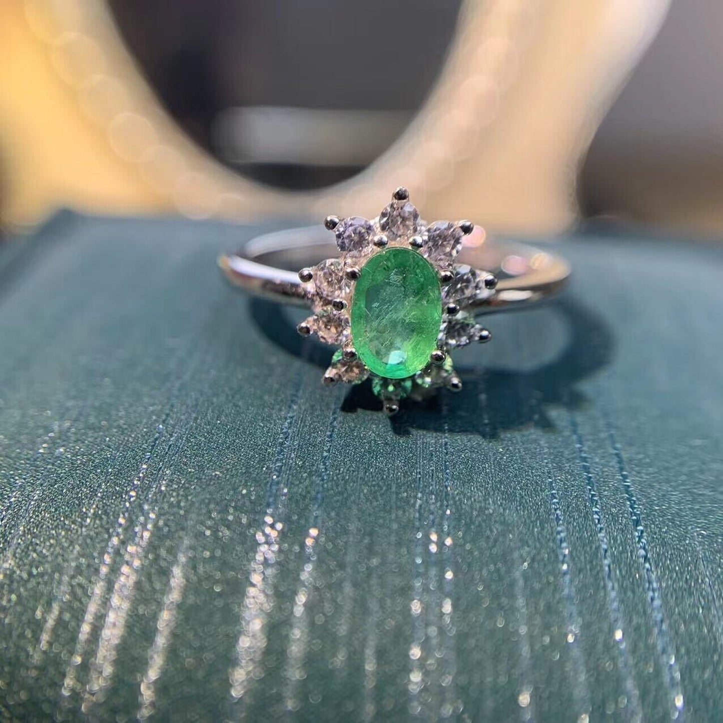 Emerald Cluster Cocktail Ring 4x6mm Sterling Silver