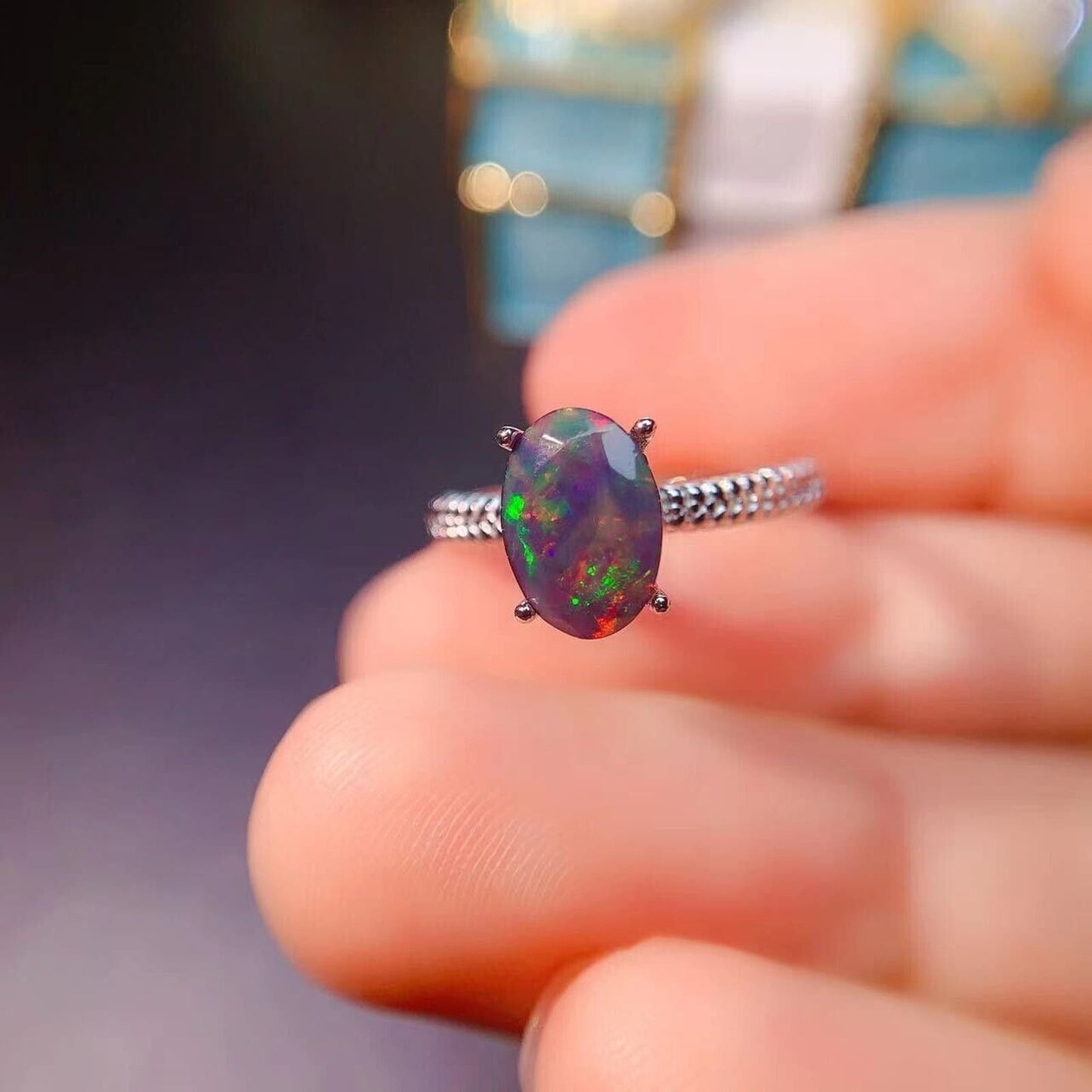 Colorful Black Opal Cocktail Ring 6x8m Sterling Silver