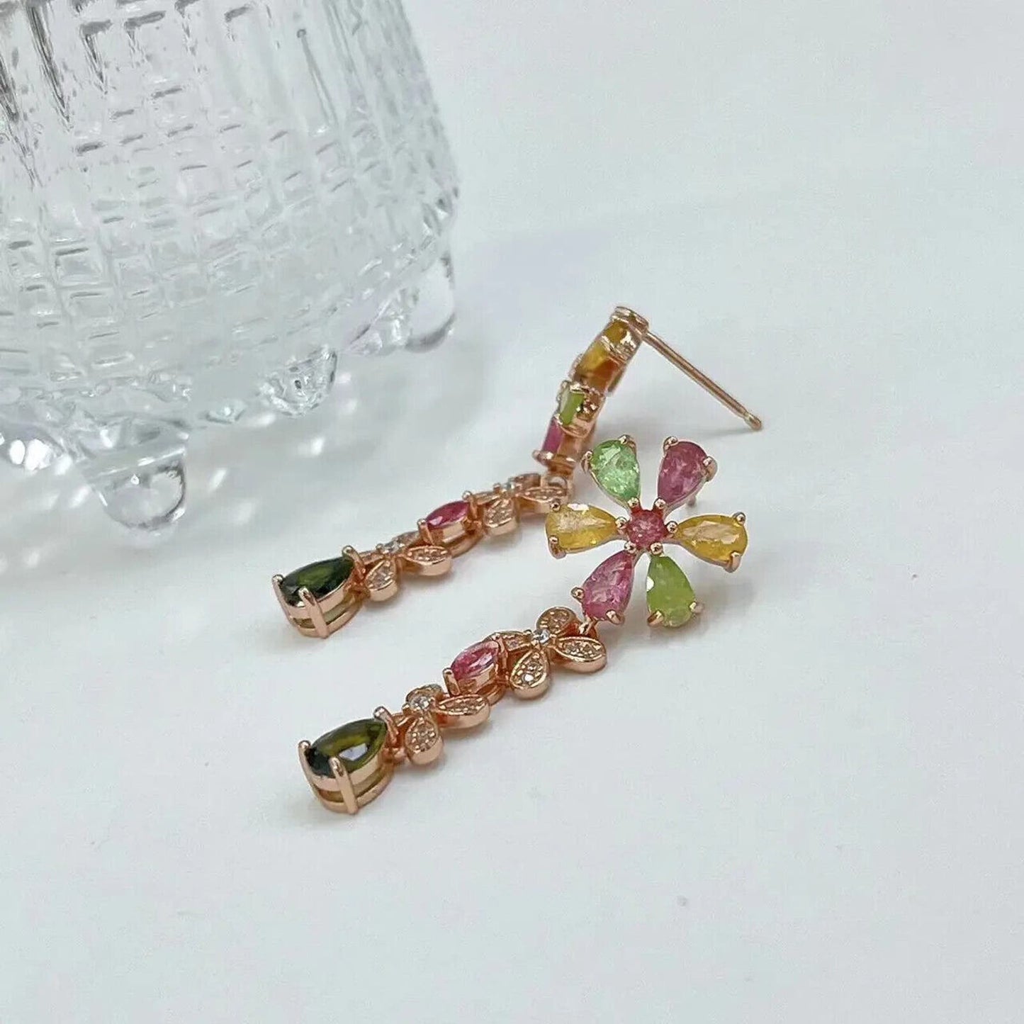 Colorful Tourmaline Long Dangle Flower Earrings Rose Gold