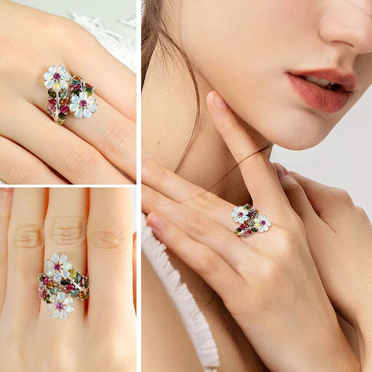 Fire Opal Flower Ring with Tourmaline 925 Sterling Silver