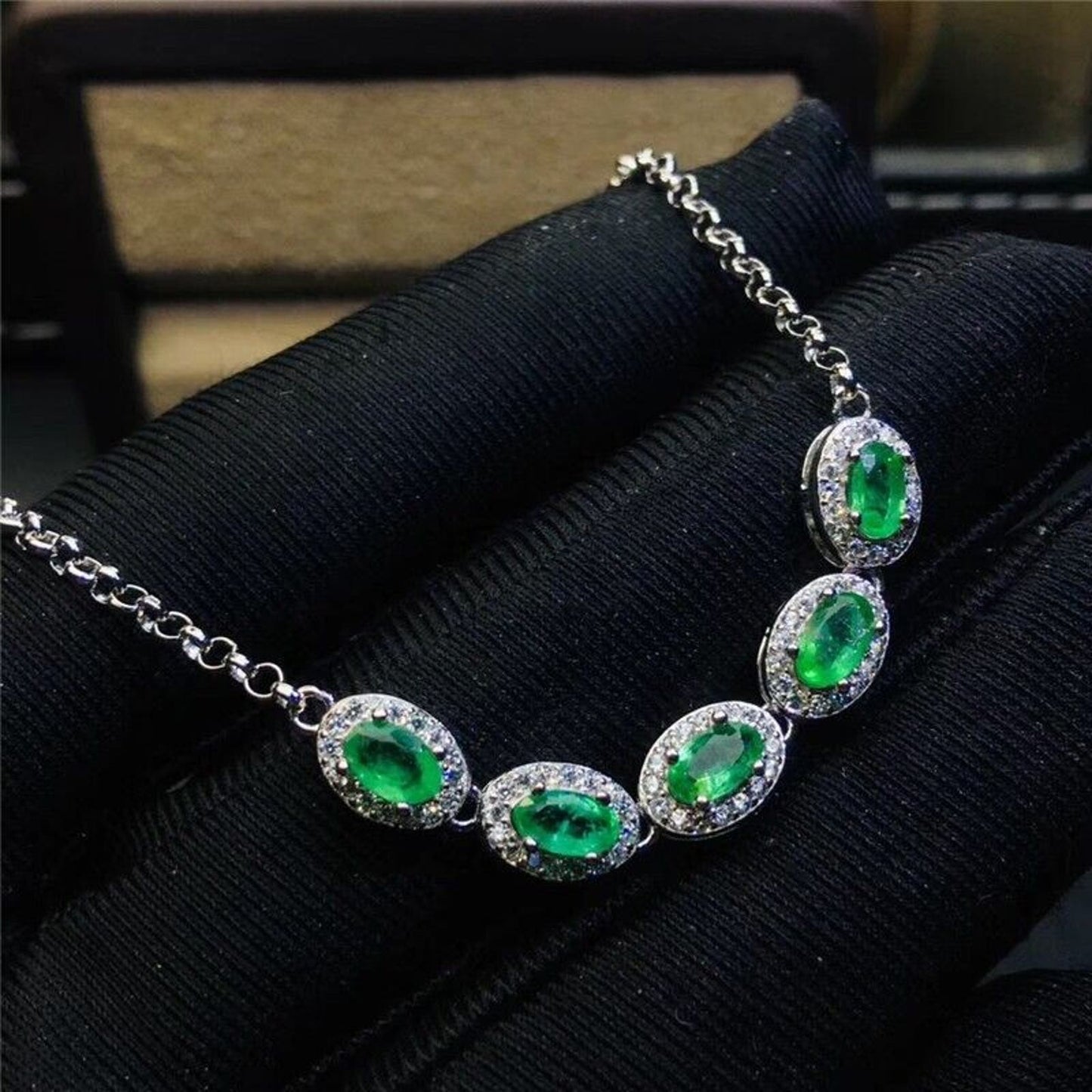 Colombian Emerald Chain Bracelet, 5pc 3x5mm