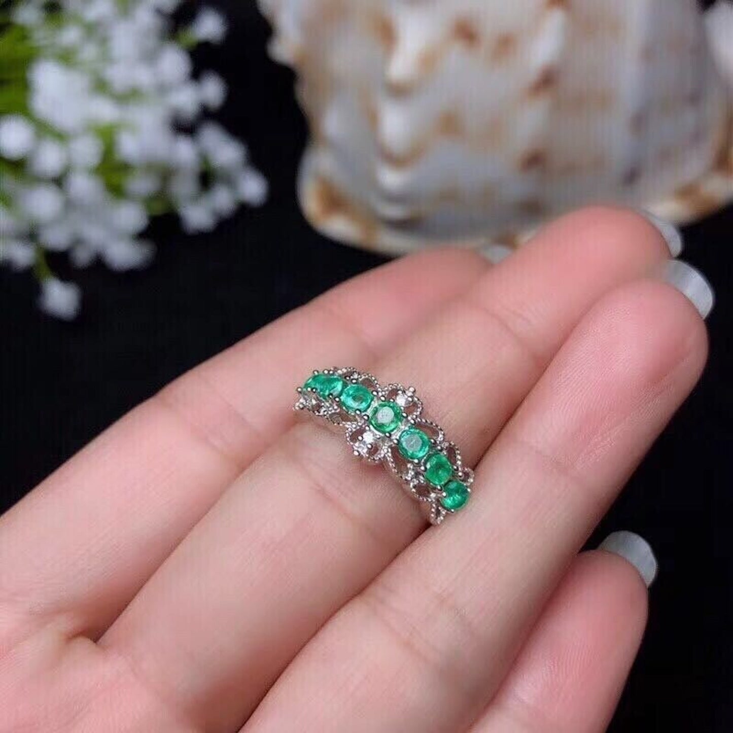 Colombian Emerald Lace Band Ring 3mm Sterling Silver