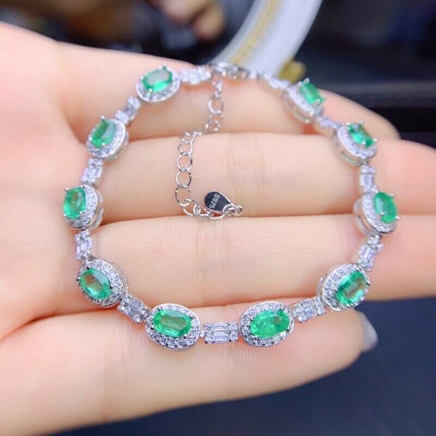 Natural Emerald Tennis Bracelet, 10pc 3x5mm Sterling Silver