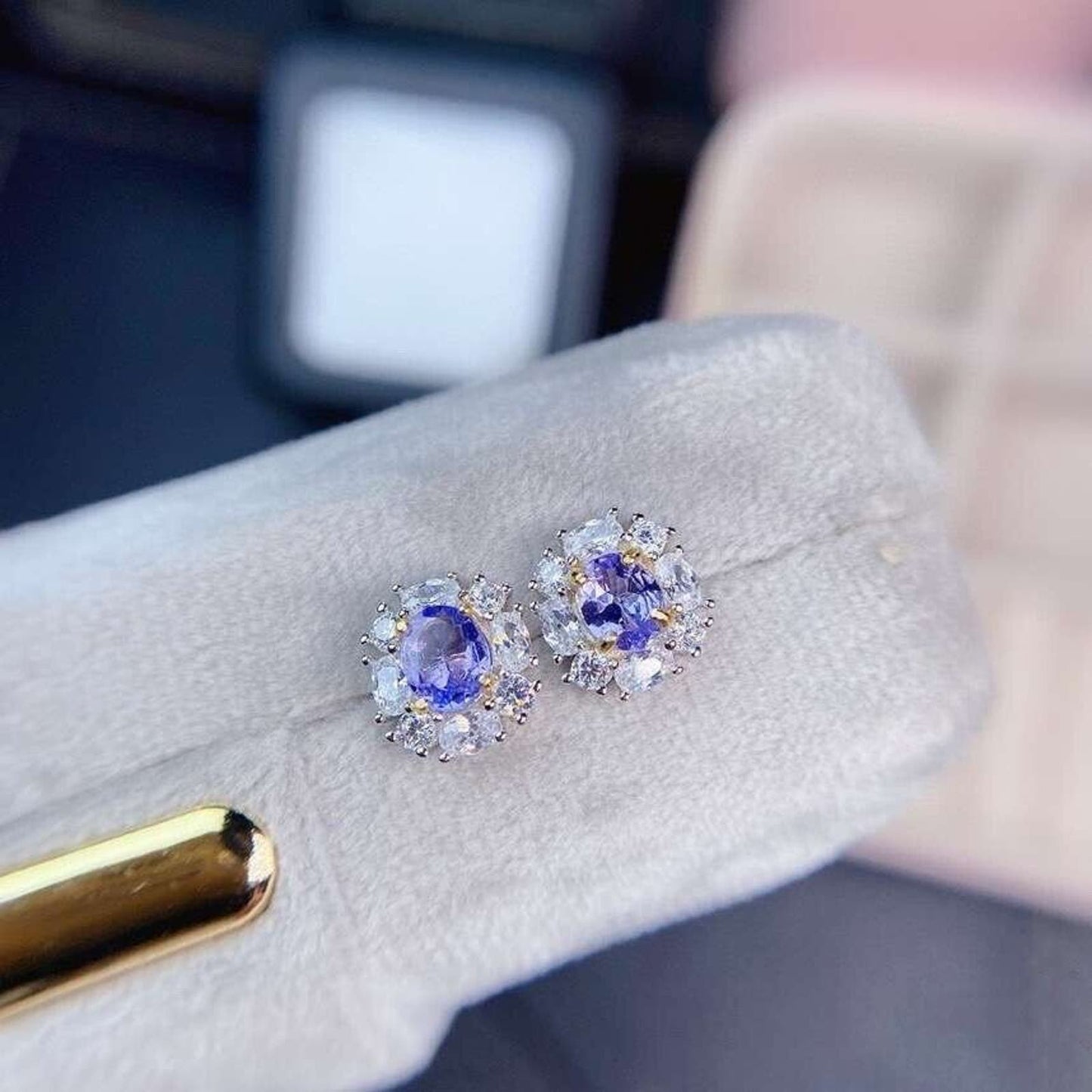 Dainty Purple Tanzanite Flower Stud Earrings 4x5mm