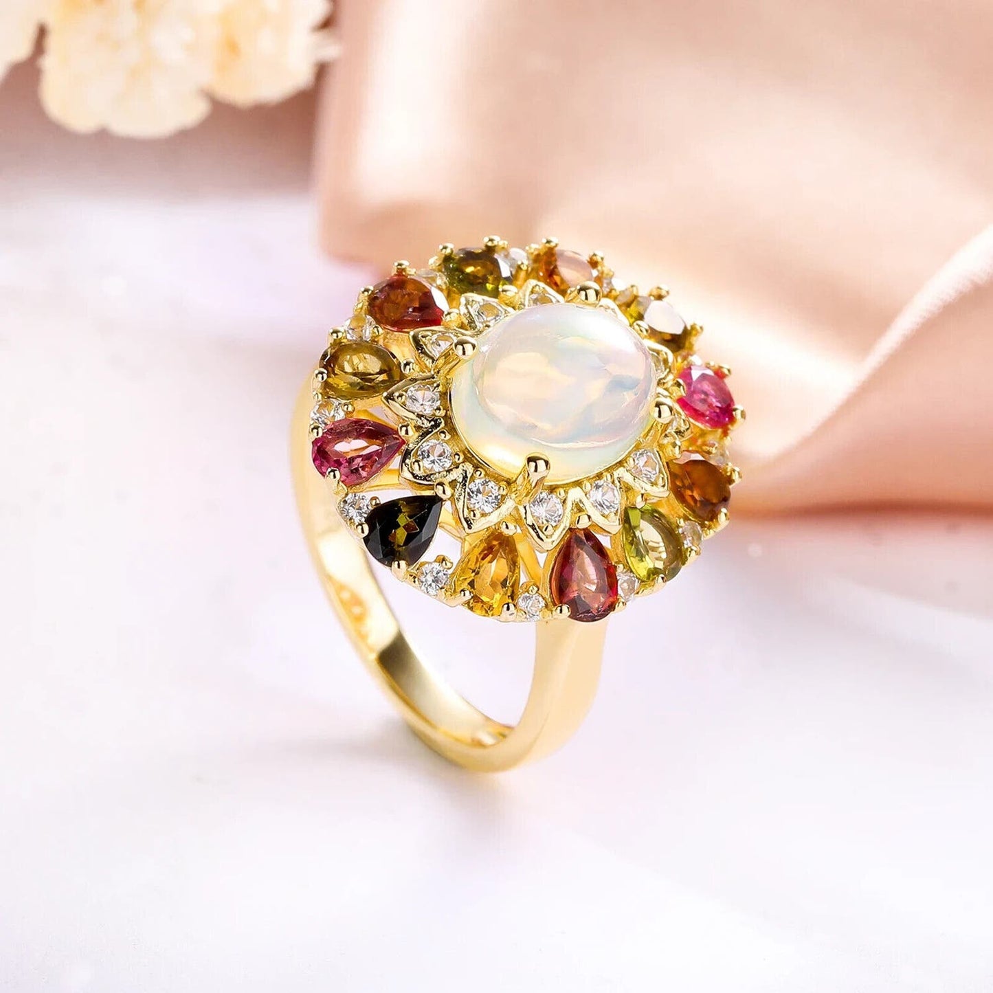 Fire Opal and Tourmaline Gemstone Statement Ring