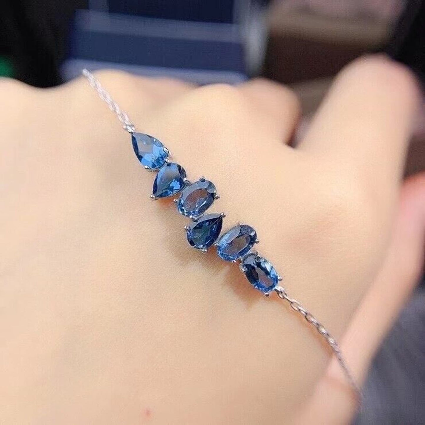 Natural Blue Topaz Dainty Chain Bracelet, 925 Sterling Silver Blue Topaz 4x6mm