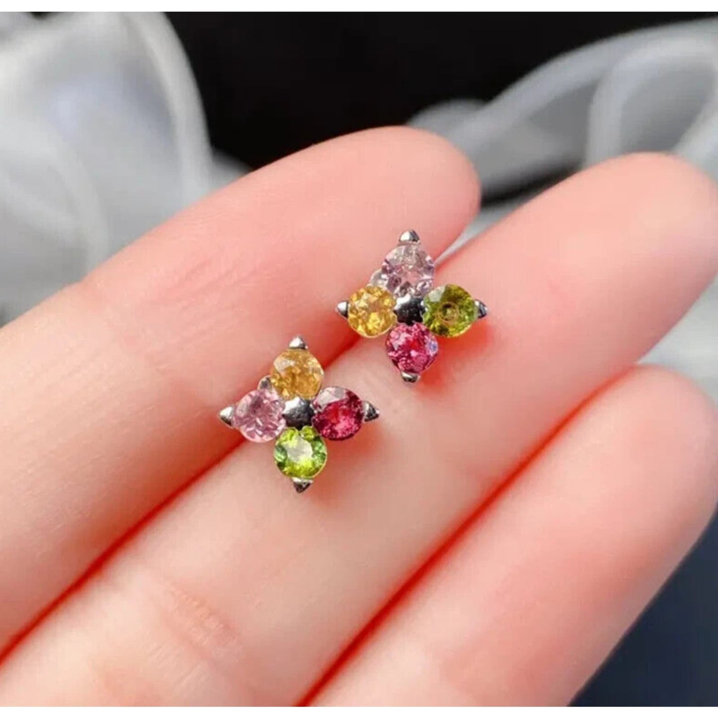 Multicolor Dainty Tourmaline Flower Stud Earrings